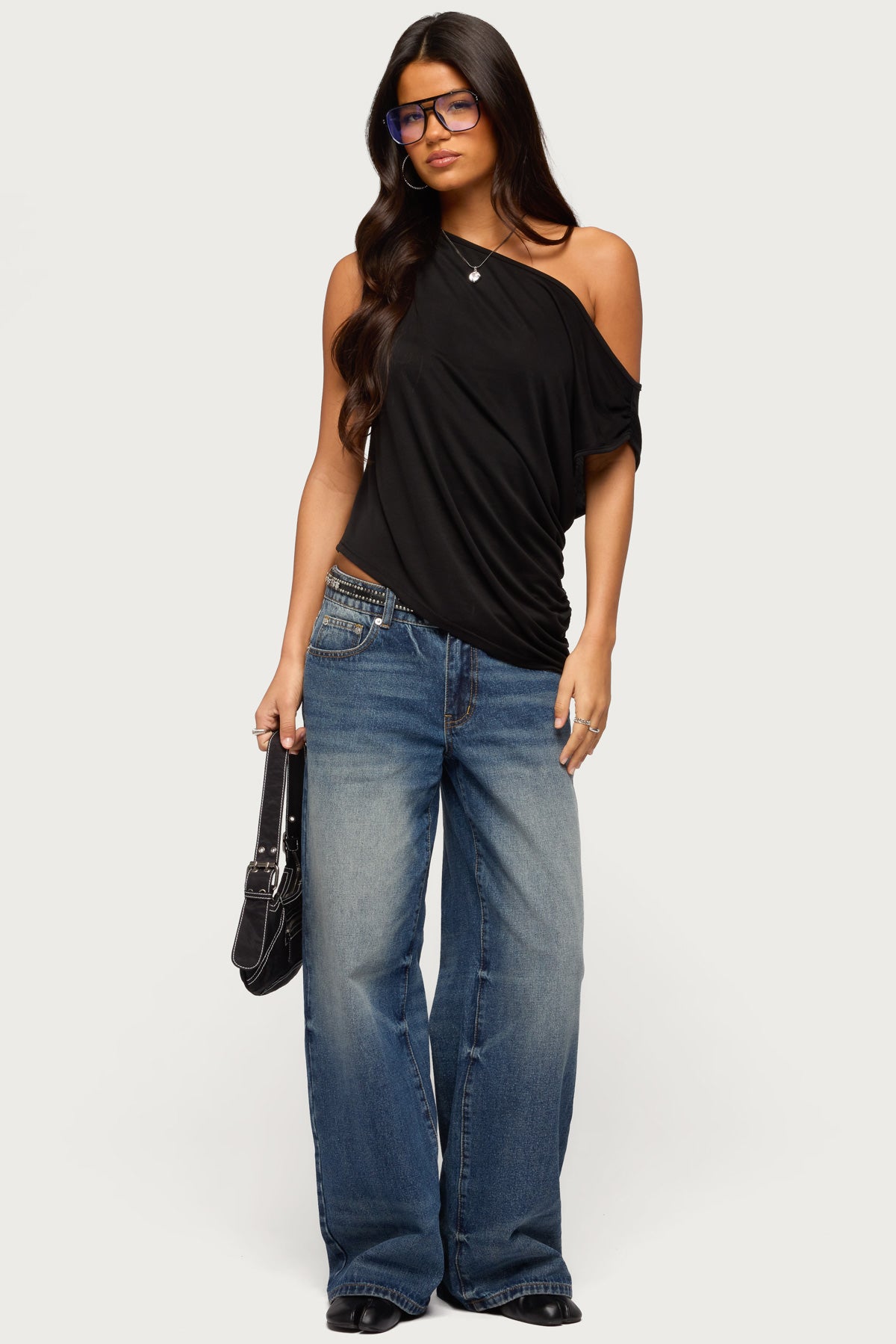 Ofelia Asymmetric Off Shoulder Ruched Top - BLACK
