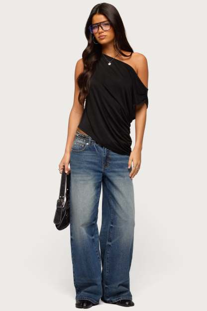 Ofelia Asymmetric Off Shoulder Ruched Top - BLACK