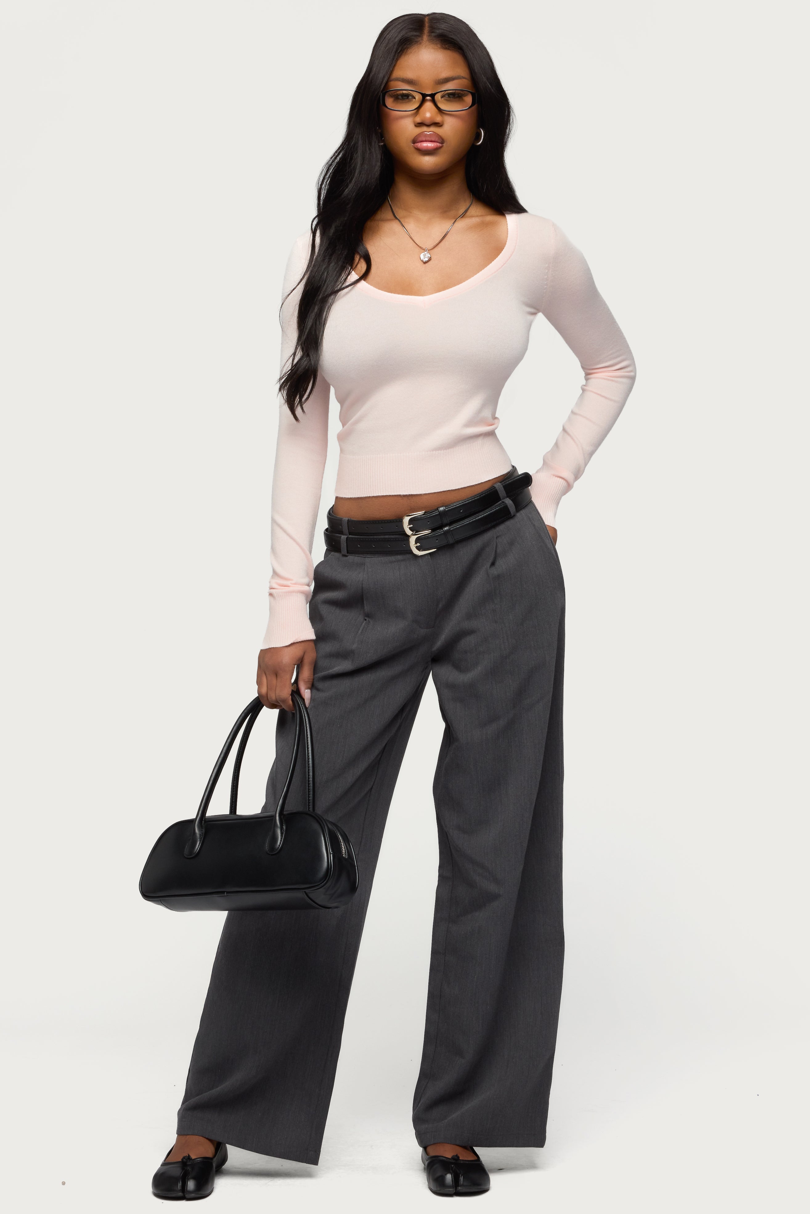 Mercedes Knitted V Neck Top - LIGHT-PINK