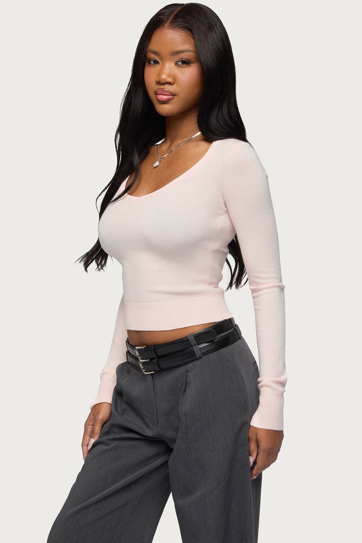 Mercedes Knitted V Neck Top - LIGHT-PINK