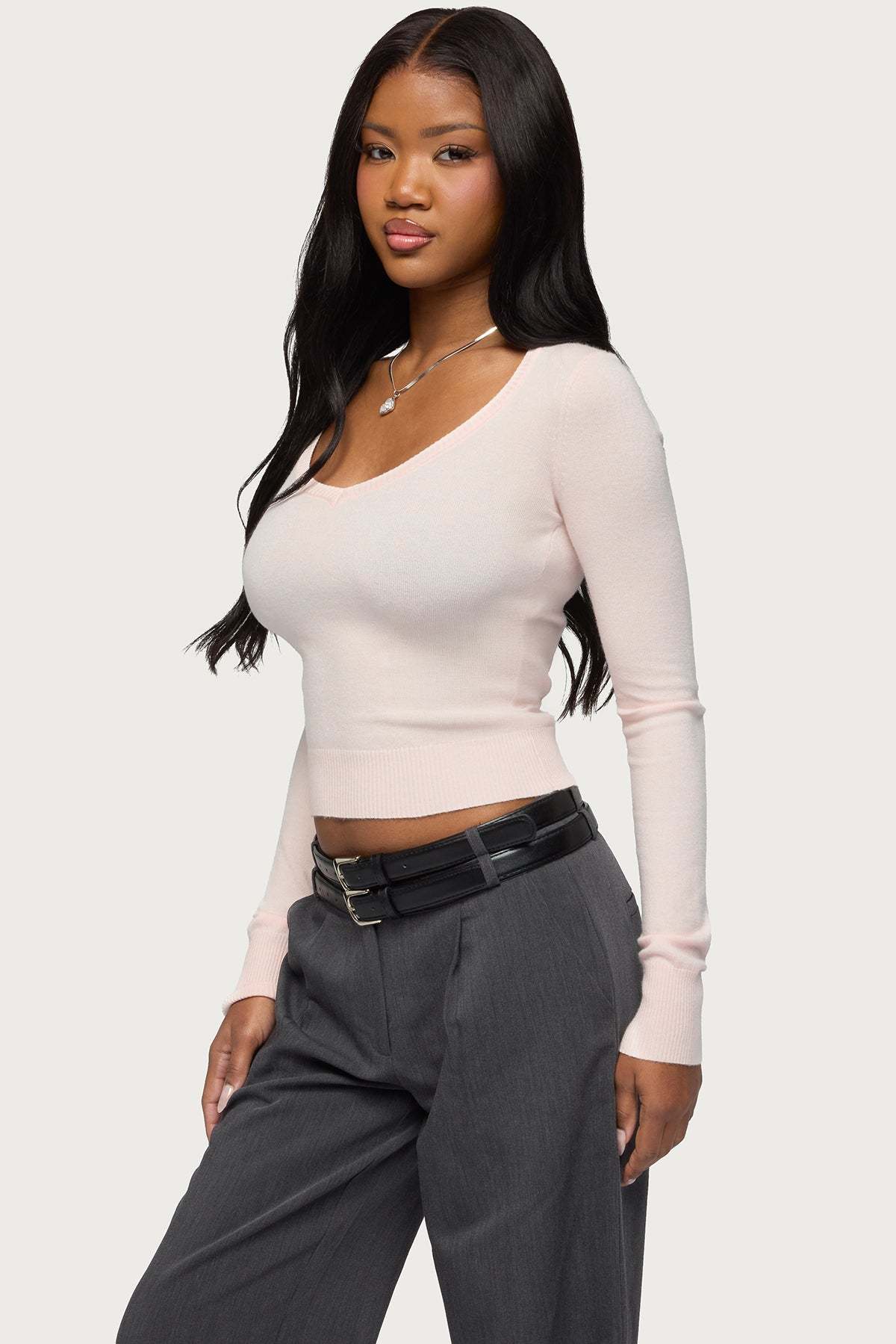Mercedes Knitted V Neck Top - LIGHT-PINK