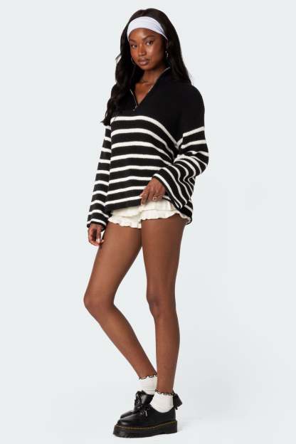 Oversized Quarter Zip Sweater - BLACK AND WHITE