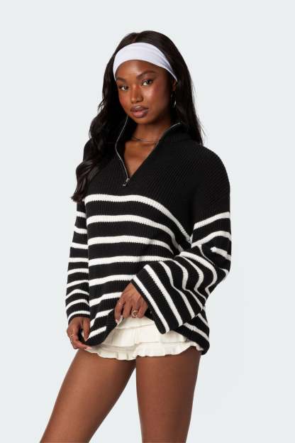 Oversized Quarter Zip Sweater - BLACK AND WHITE