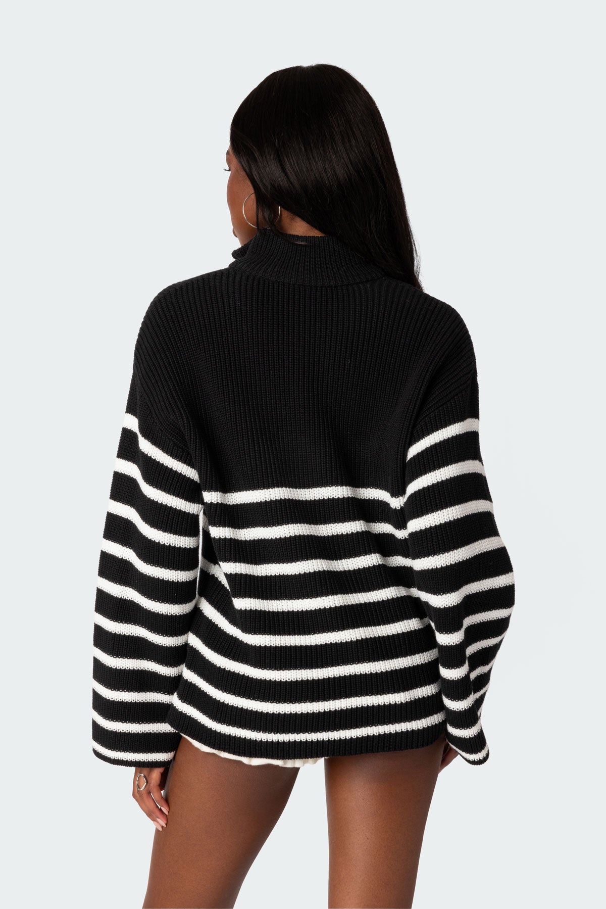 Oversized Quarter Zip Sweater - BLACK AND WHITE