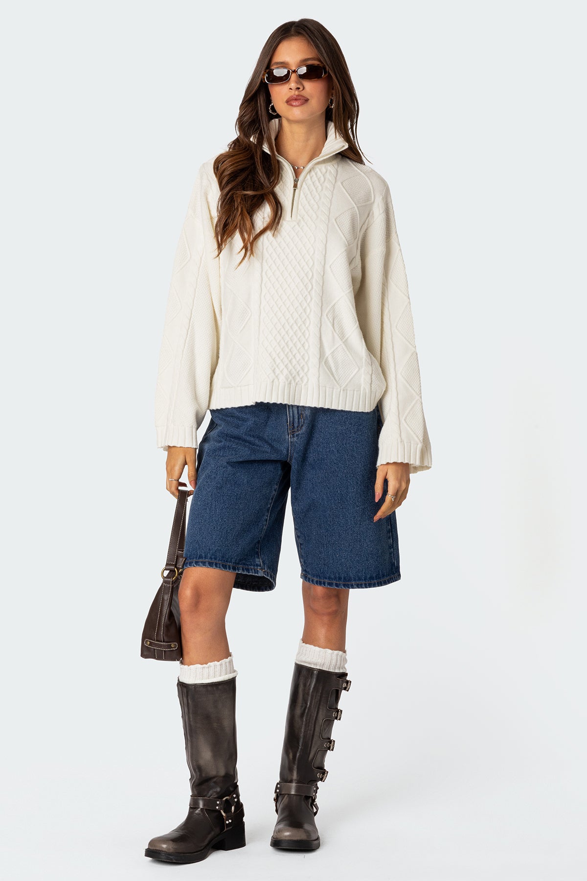 Oversized Quarter Zip Cable Knit Sweater - CREAM