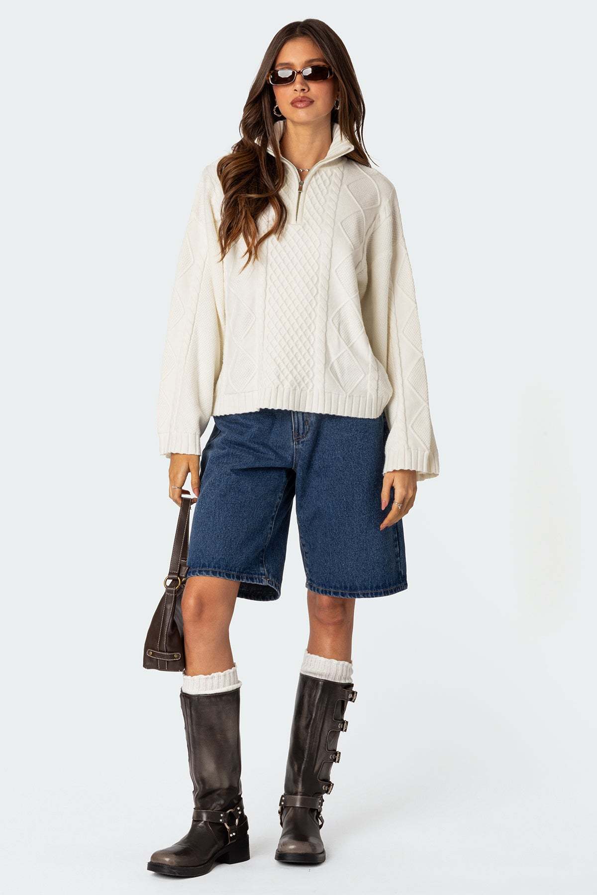 Oversized Quarter Zip Cable Knit Sweater - CREAM