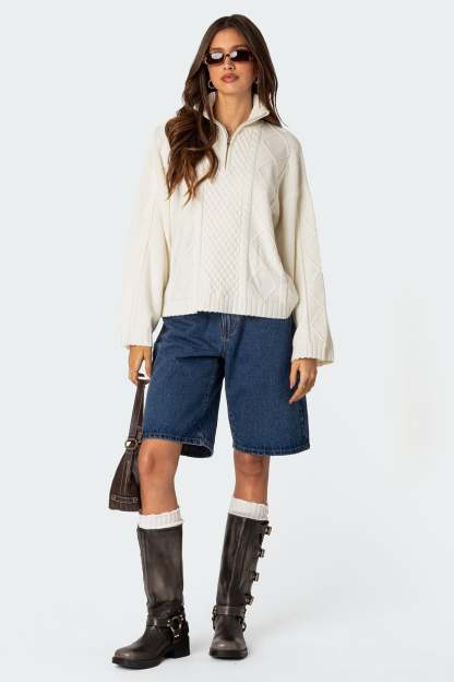 Oversized Quarter Zip Cable Knit Sweater - CREAM