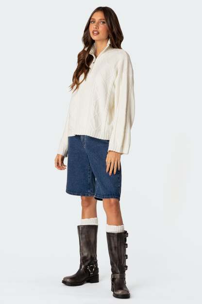 Oversized Quarter Zip Cable Knit Sweater - CREAM
