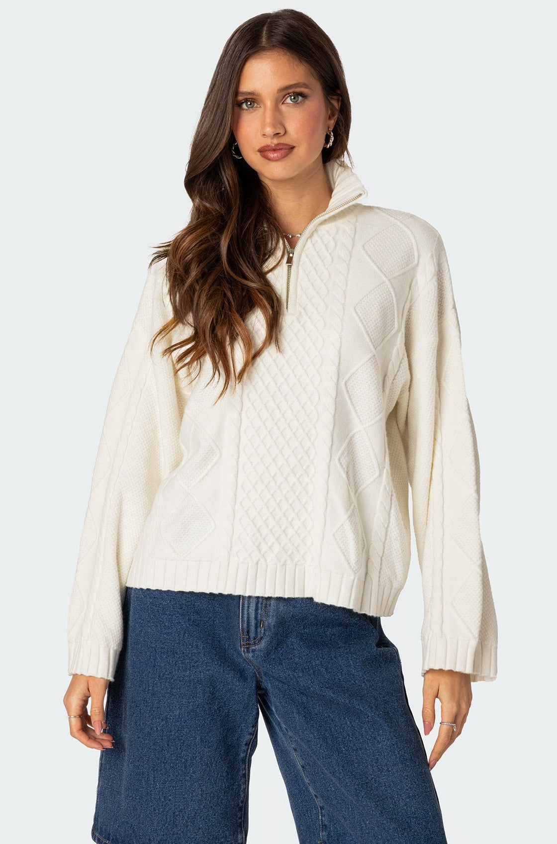 Oversized Quarter Zip Cable Knit Sweater - CREAM