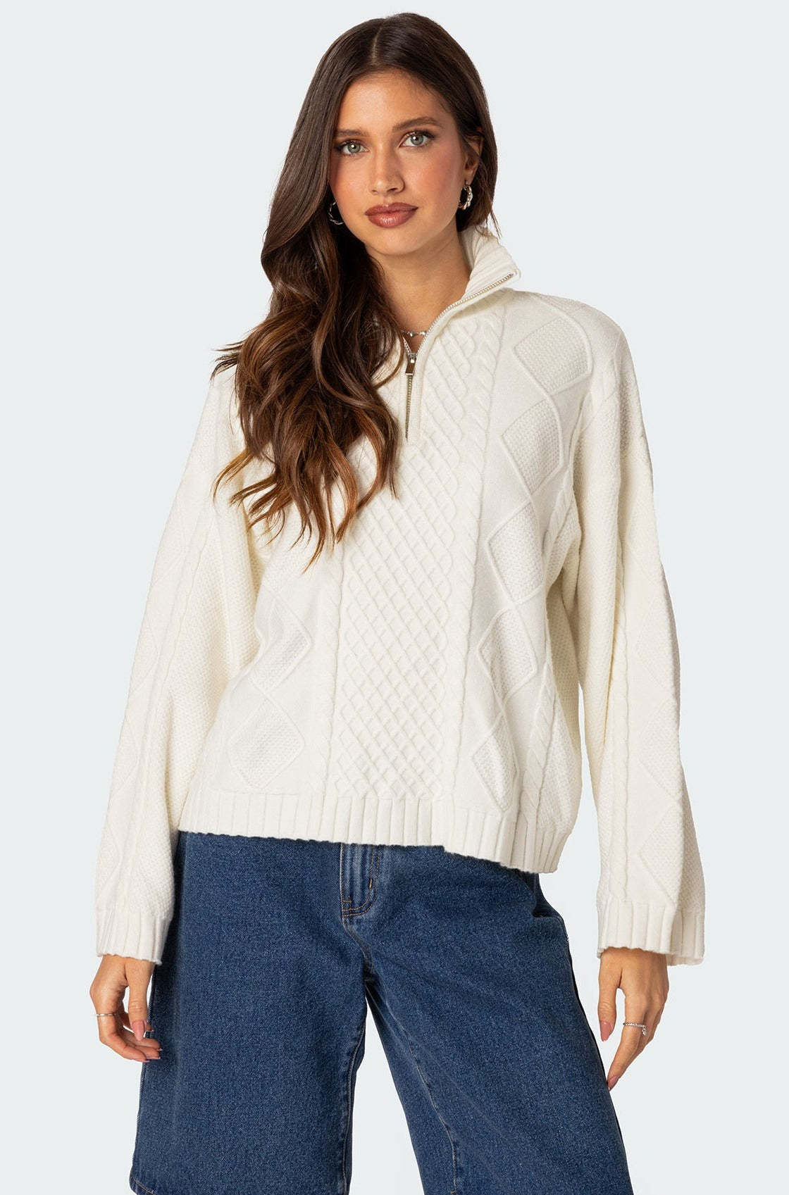 Oversized Quarter Zip Cable Knit Sweater - CREAM