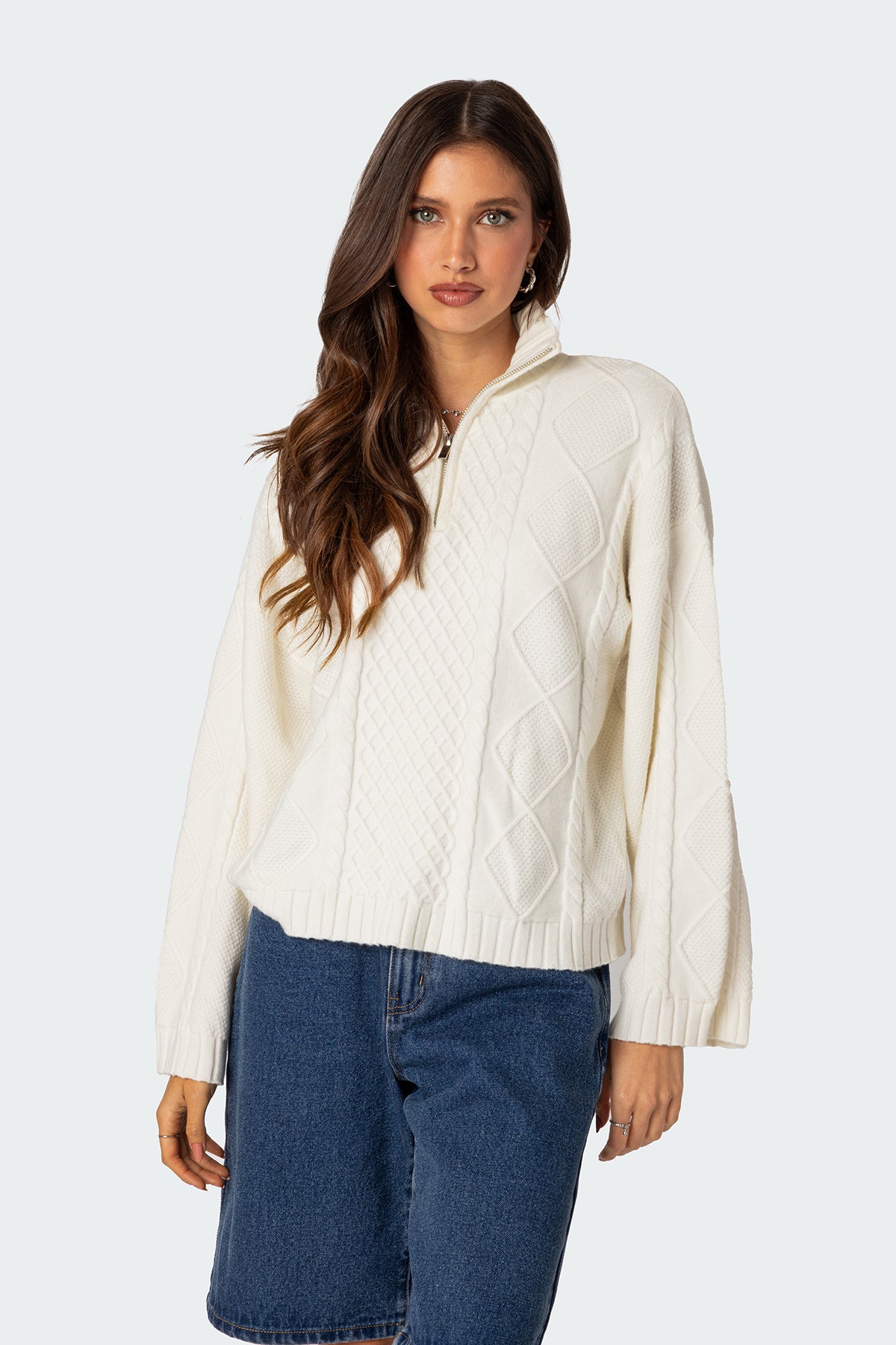 Oversized Quarter Zip Cable Knit Sweater - CREAM