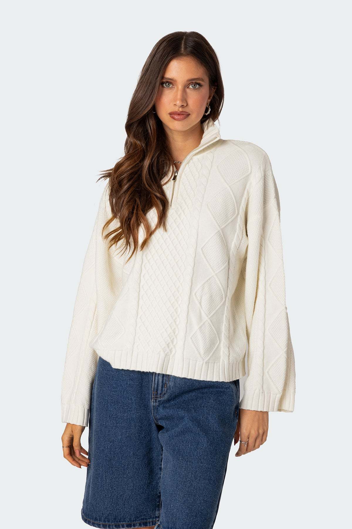 Oversized Quarter Zip Cable Knit Sweater - CREAM