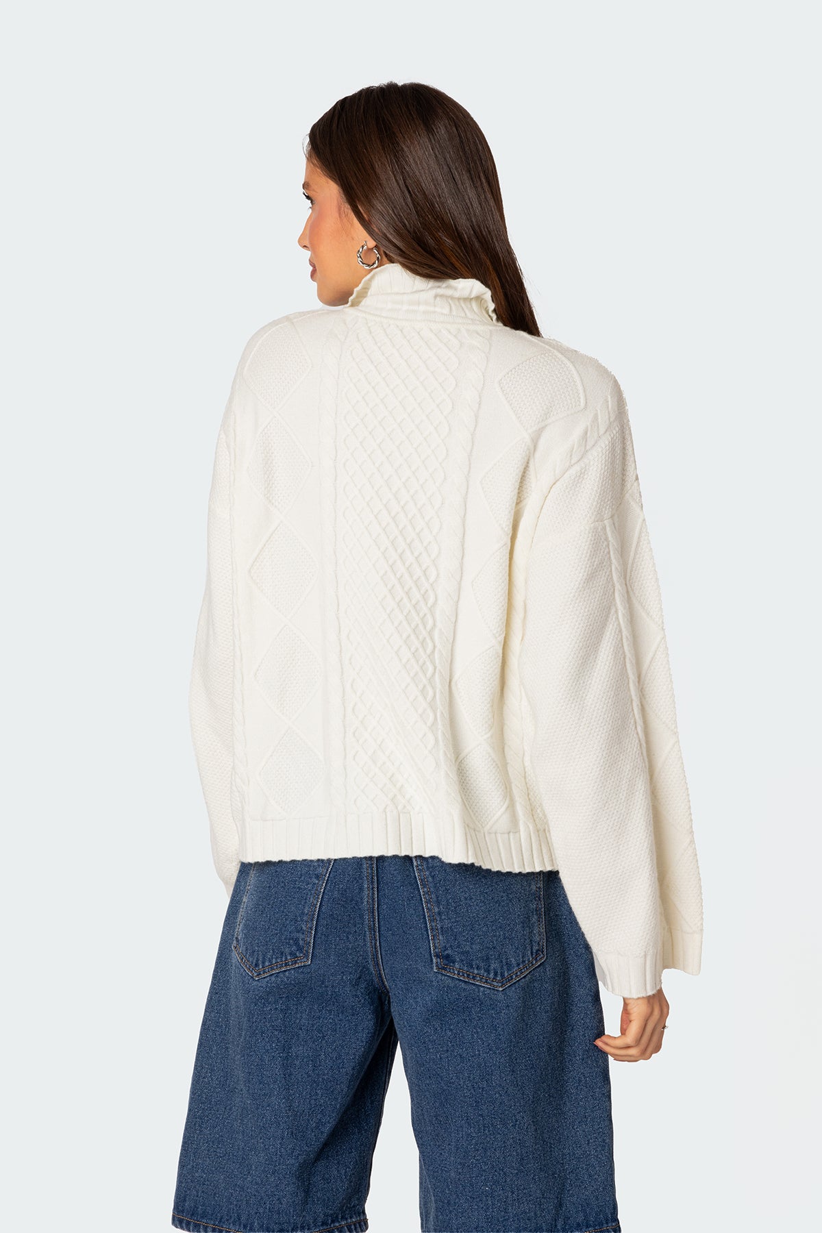 Oversized Quarter Zip Cable Knit Sweater - CREAM