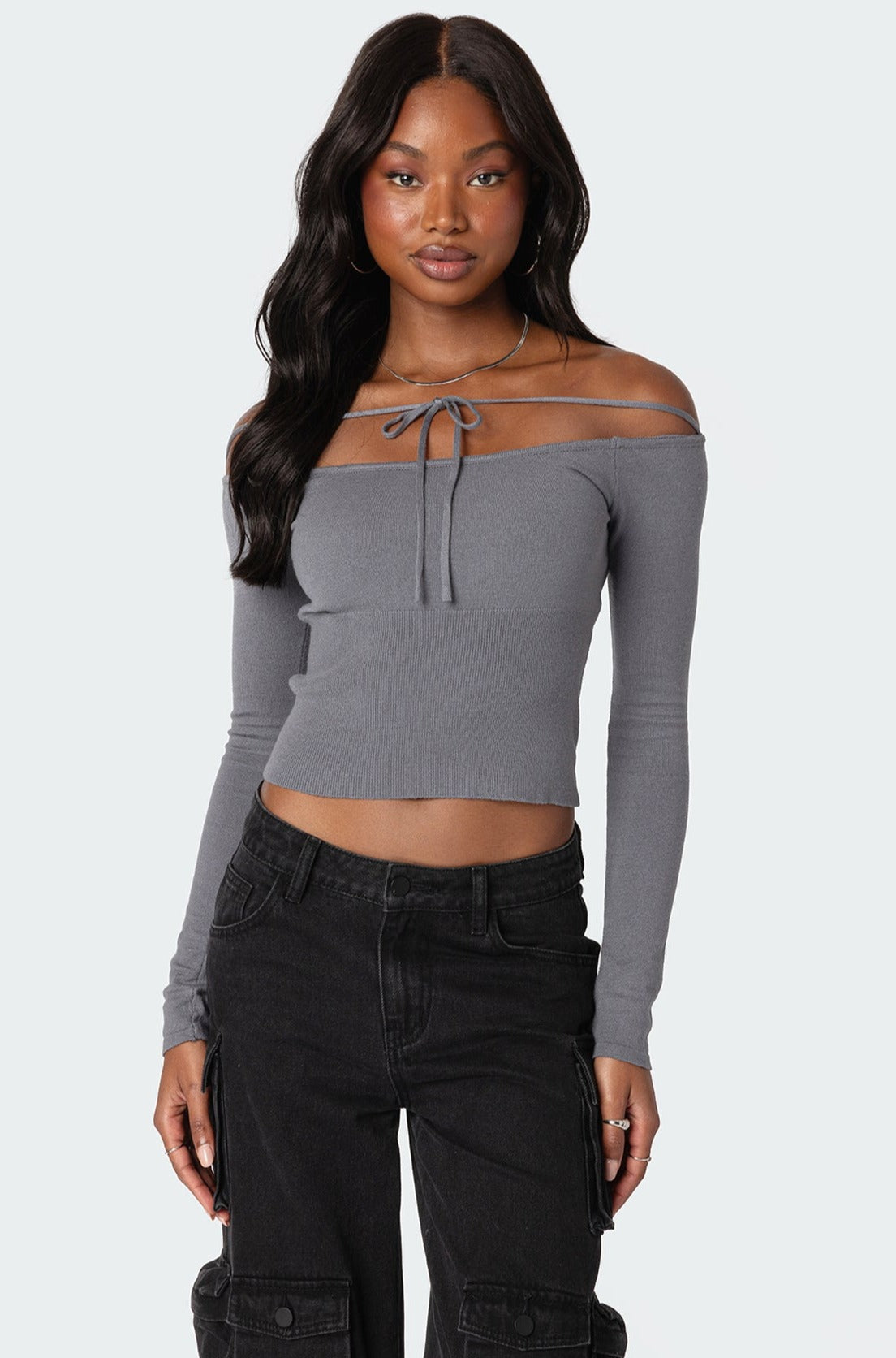 Jane Tie Front Knit Top - GRAY