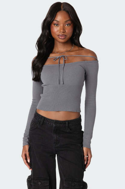 Jane Tie Front Knit Top - GRAY