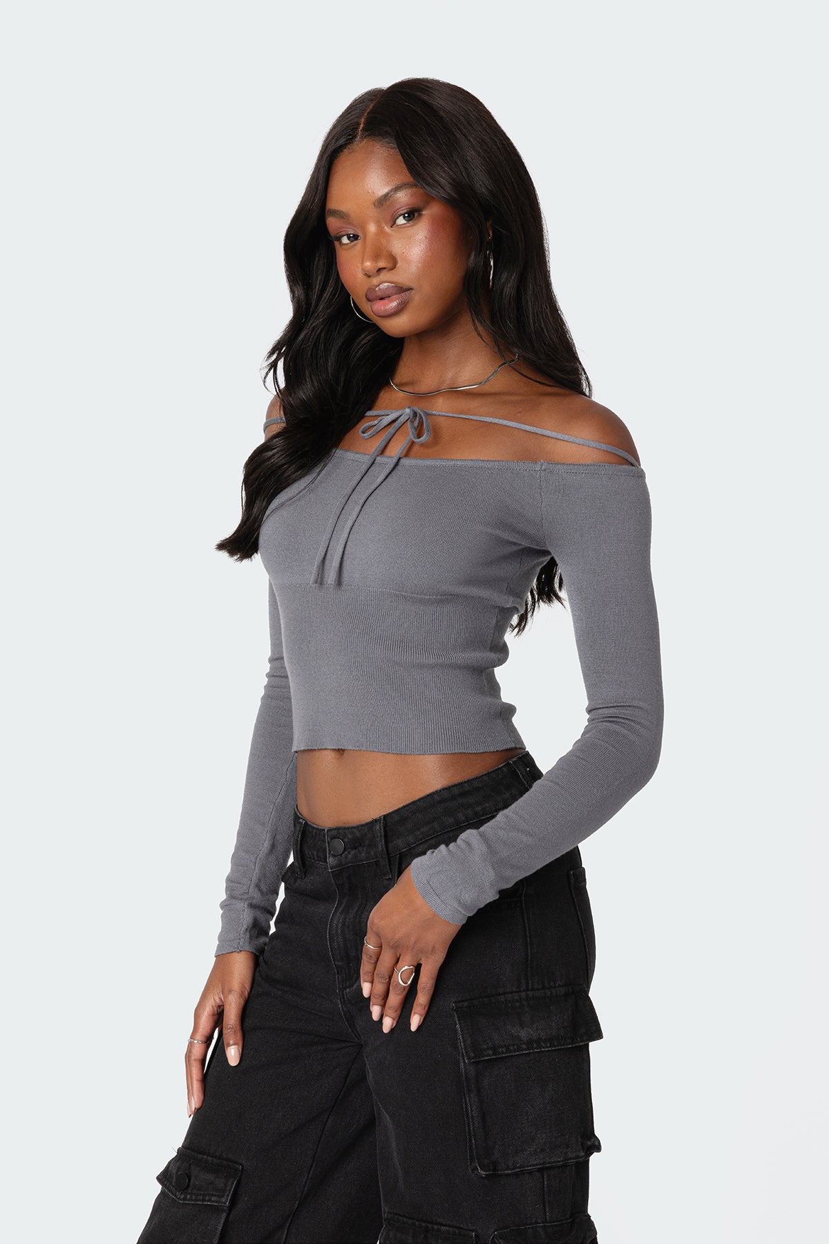 Jane Tie Front Knit Top - GRAY