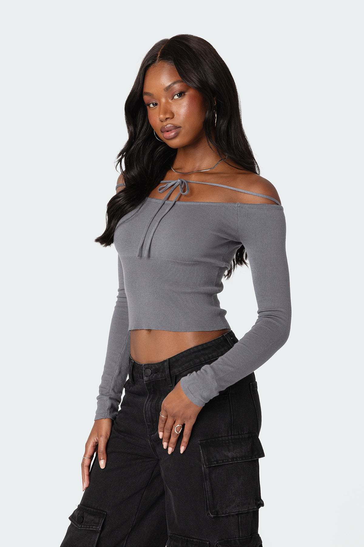 Jane Tie Front Knit Top - GRAY