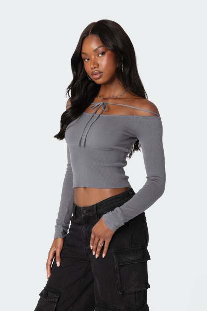 Jane Tie Front Knit Top - GRAY