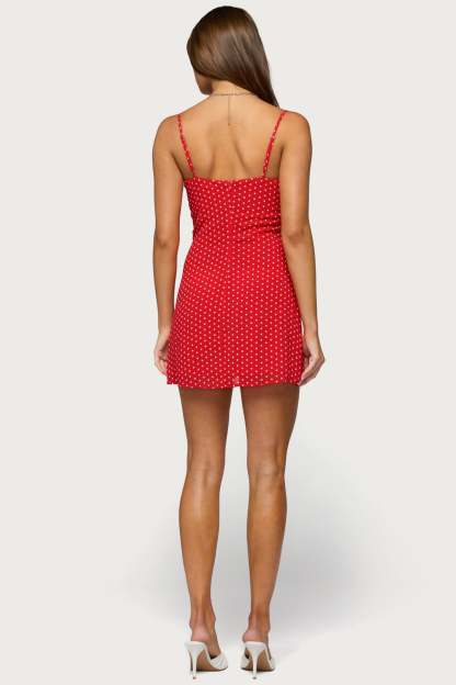 Polka Dot Cupped Chiffon Mini Dress - RED