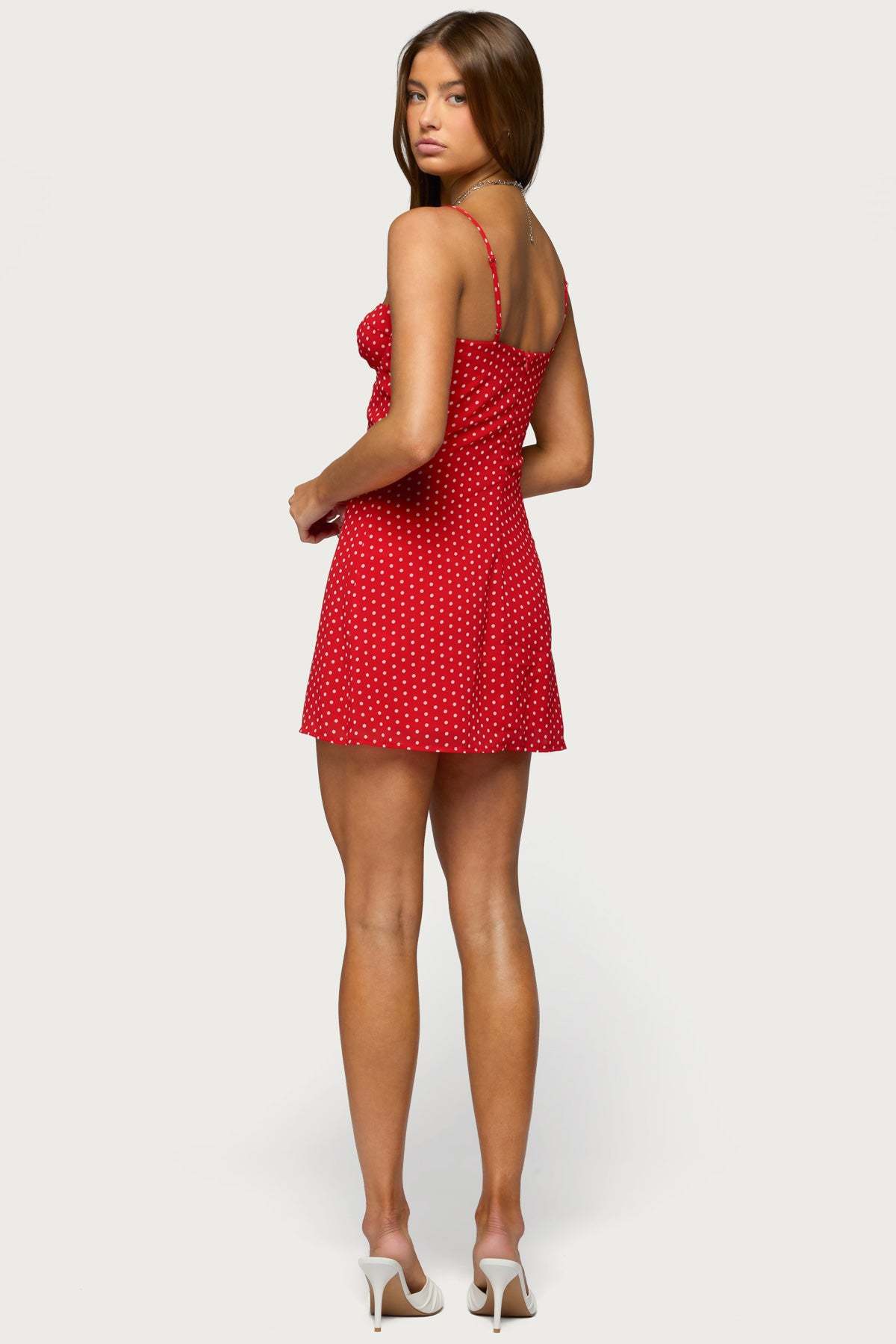 Polka Dot Cupped Chiffon Mini Dress - RED