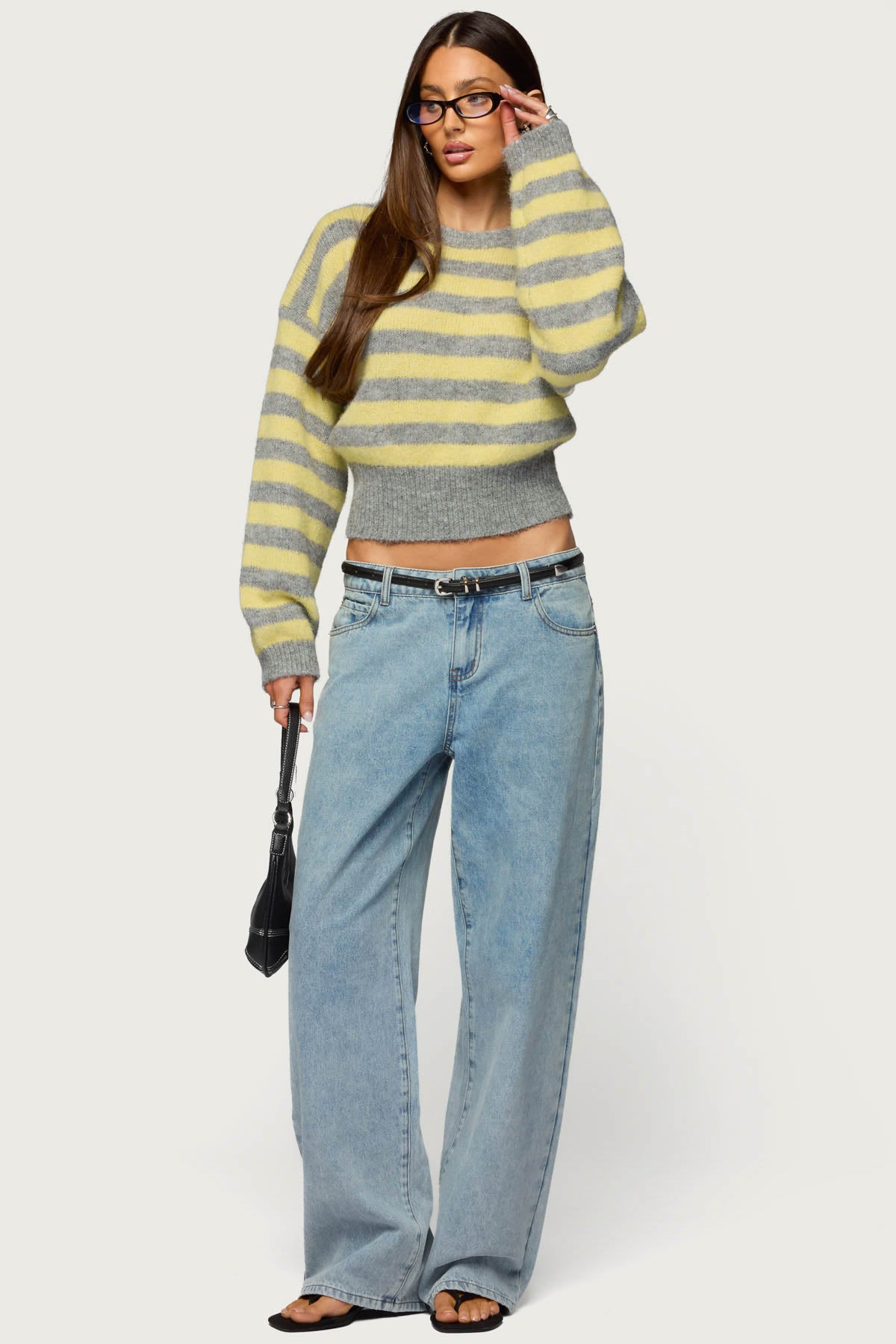 Penelope Fuzzy Striped Sweater - GRAY-AND-YELLOW