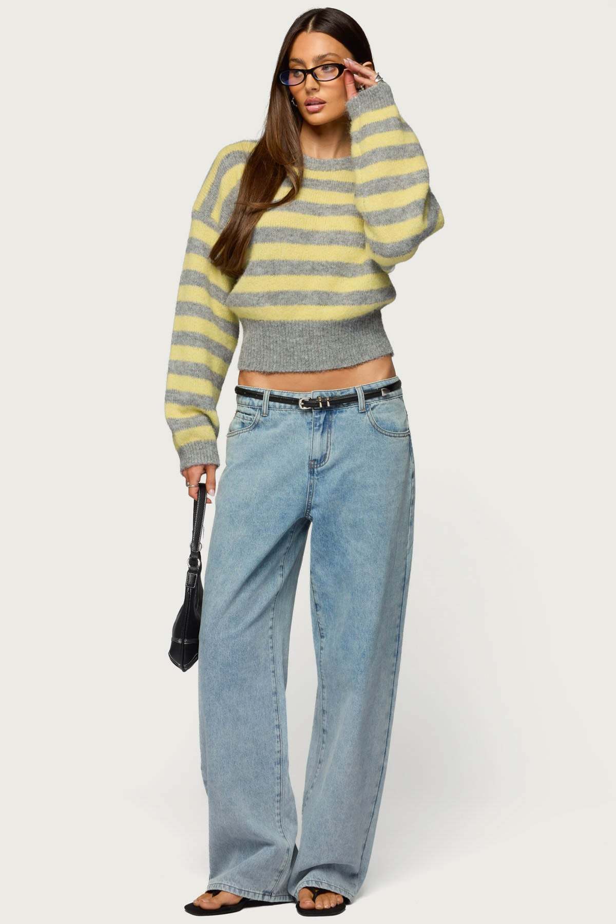 Penelope Fuzzy Striped Sweater - GRAY-AND-YELLOW