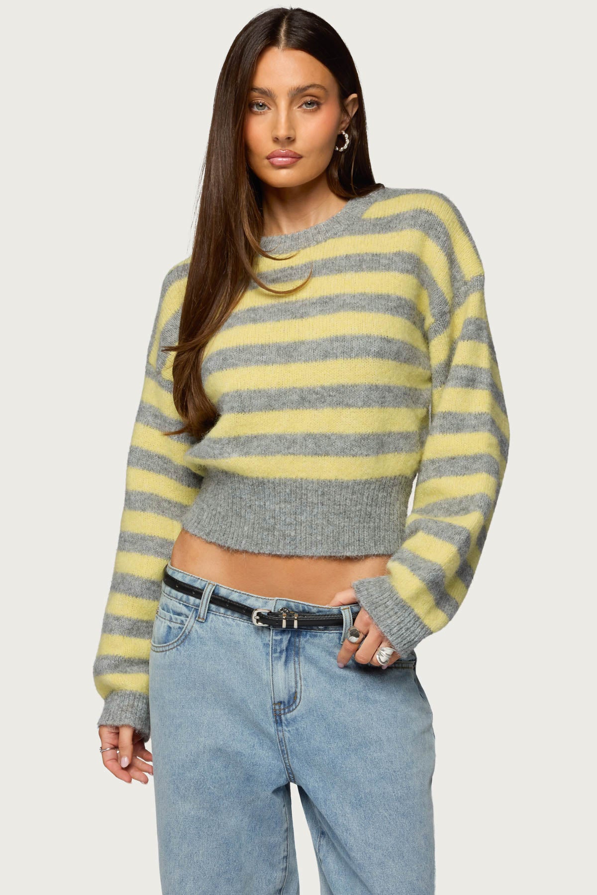 Penelope Fuzzy Striped Sweater - GRAY-AND-YELLOW