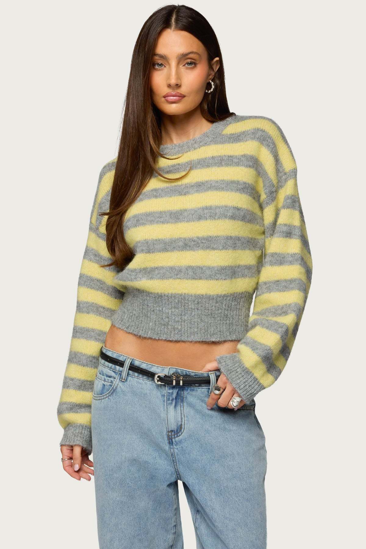 Penelope Fuzzy Striped Sweater - GRAY-AND-YELLOW
