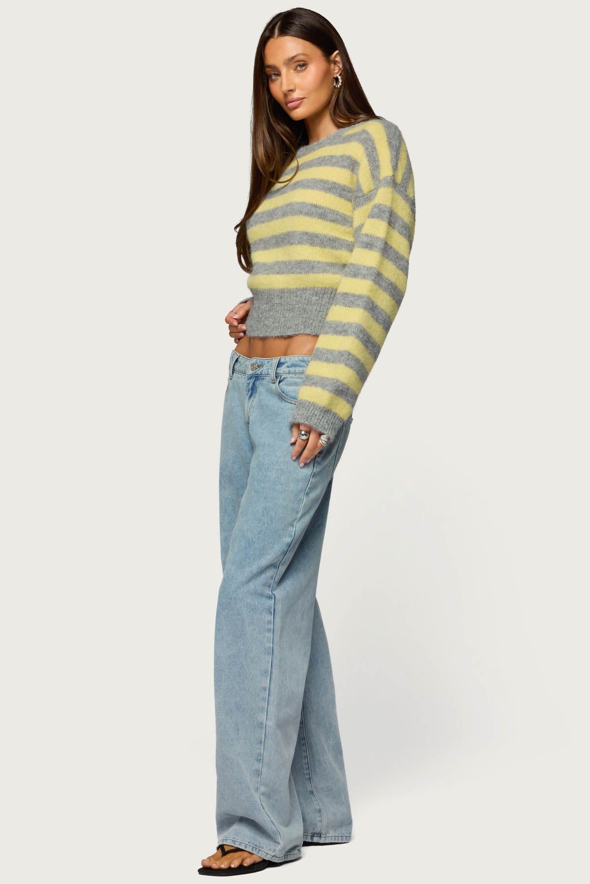 Penelope Fuzzy Striped Sweater - GRAY-AND-YELLOW