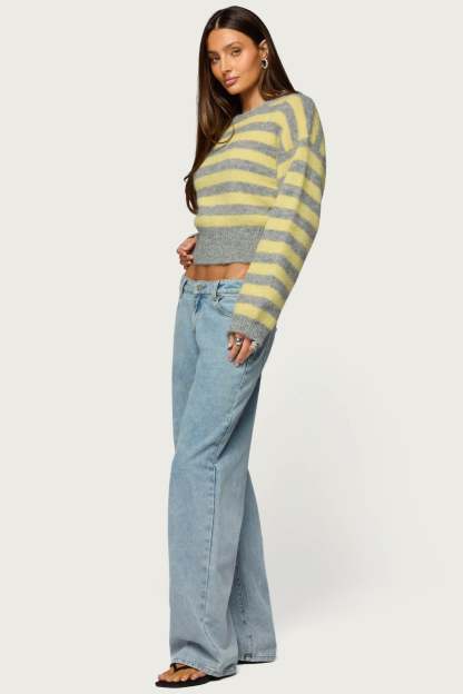 Penelope Fuzzy Striped Sweater - GRAY-AND-YELLOW