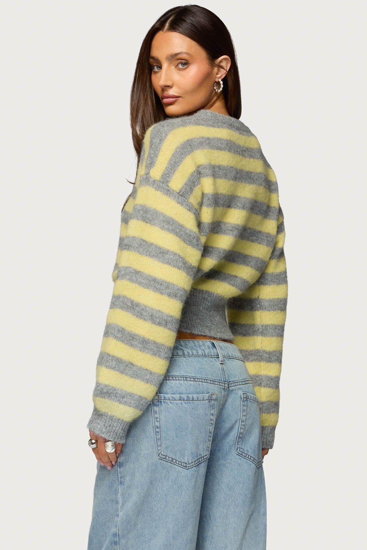 Penelope Fuzzy Striped Sweater - GRAY-AND-YELLOW