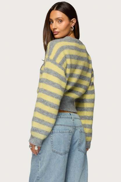 Penelope Fuzzy Striped Sweater - GRAY-AND-YELLOW