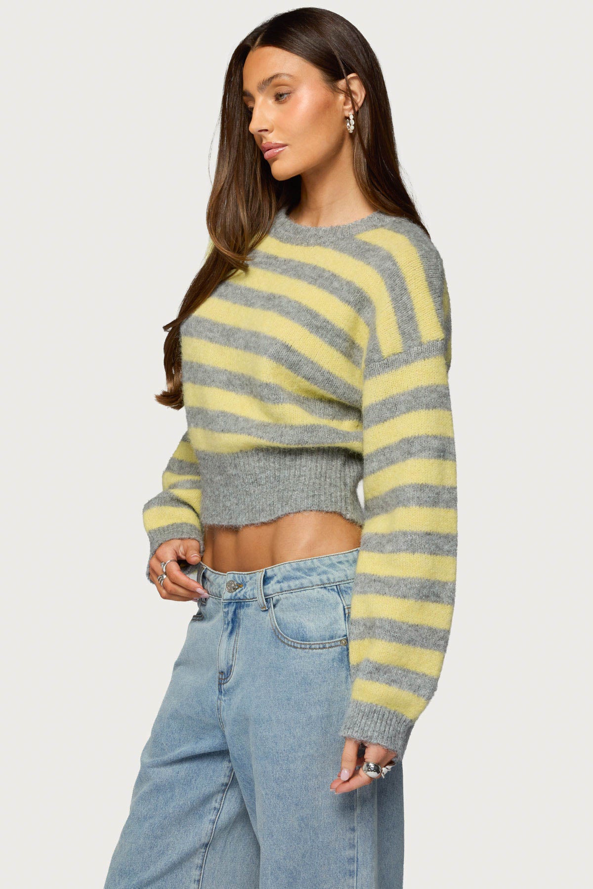Penelope Fuzzy Striped Sweater - GRAY-AND-YELLOW