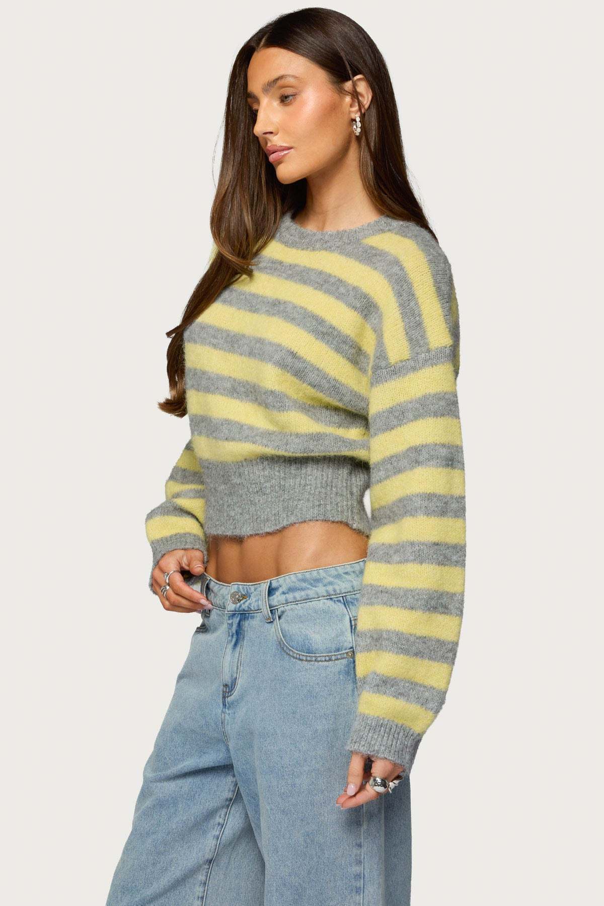 Penelope Fuzzy Striped Sweater - GRAY-AND-YELLOW