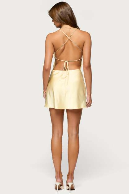 Aletta Backless Satin Effect Mini Dress - LIGHT-YELLOW