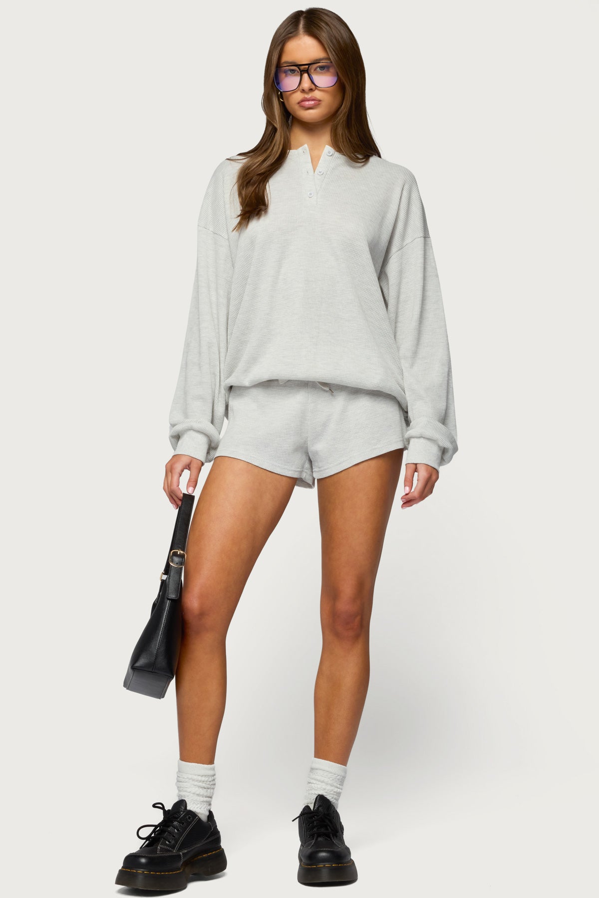 Baila Waffle Henley Top - LIGHT-GRAY-MELANGE