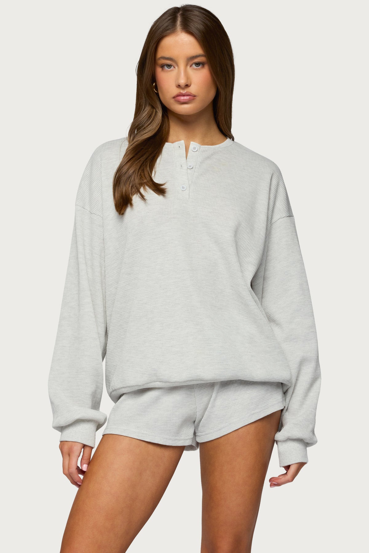 Baila Waffle Henley Top - LIGHT-GRAY-MELANGE