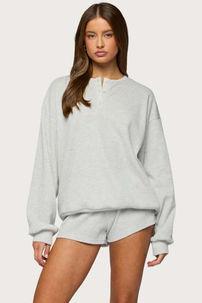 Baila Waffle Henley Top - LIGHT-GRAY-MELANGE