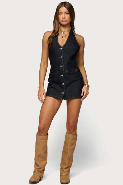 Destinee Denim Halter Mini Dress - INDIGO-BLUE-RAW-WASHED