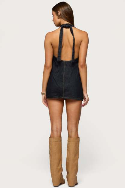 Destinee Denim Halter Mini Dress - INDIGO-BLUE-RAW-WASHED