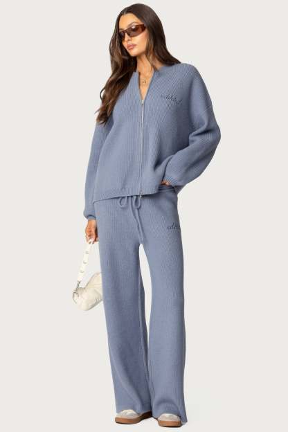 Kris Ribbed Knit Zip Up Sweater - BLUE