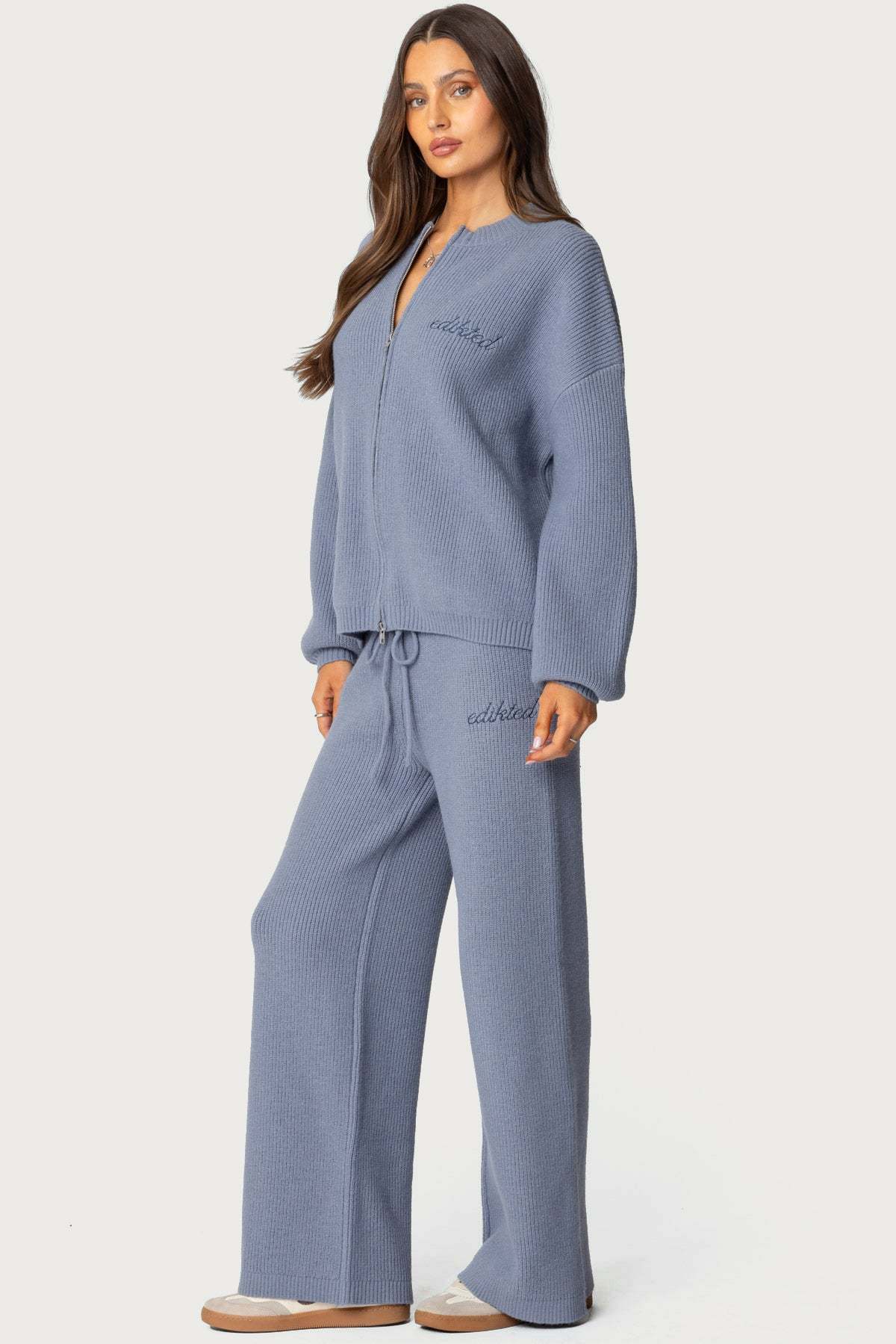 Kris Ribbed Knit Zip Up Sweater - BLUE