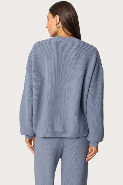 Kris Ribbed Knit Zip Up Sweater - BLUE