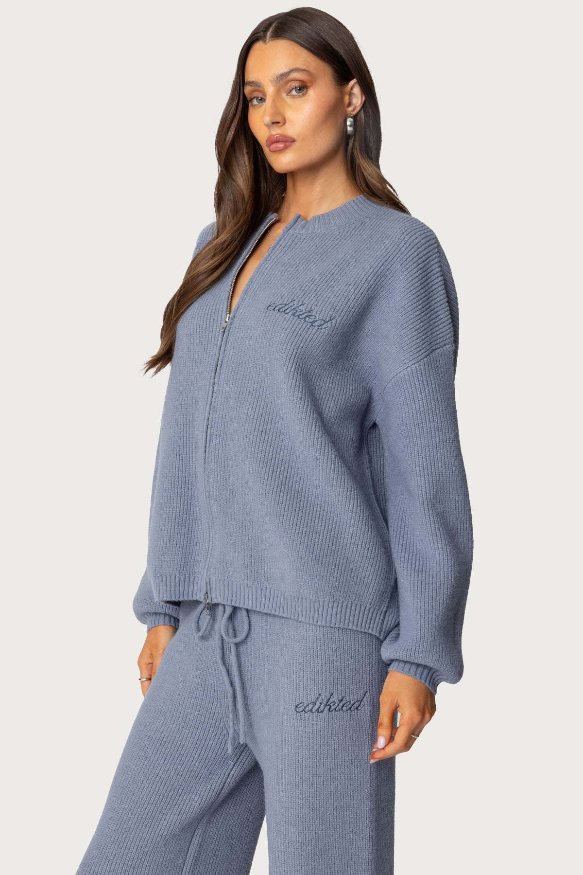 Kris Ribbed Knit Zip Up Sweater - BLUE