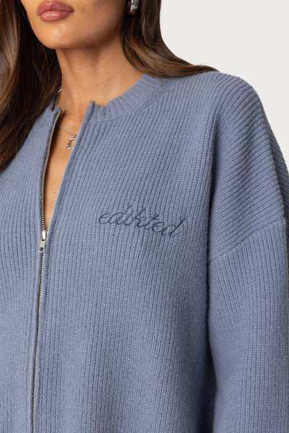 Kris Ribbed Knit Zip Up Sweater - BLUE