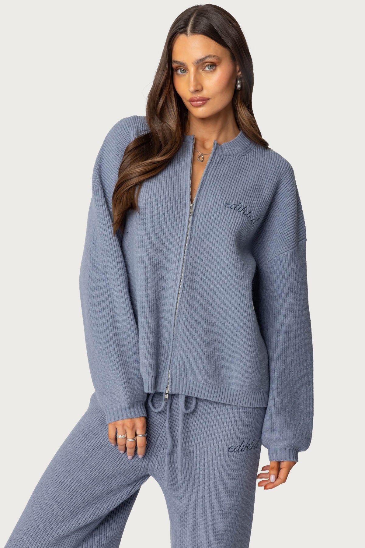Kris Ribbed Knit Zip Up Sweater - BLUE