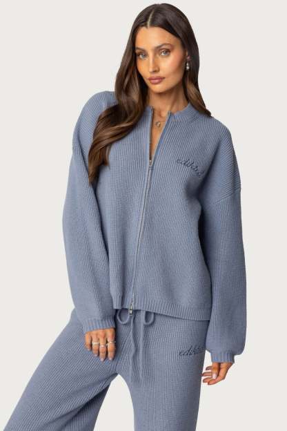 Kris Ribbed Knit Zip Up Sweater - BLUE