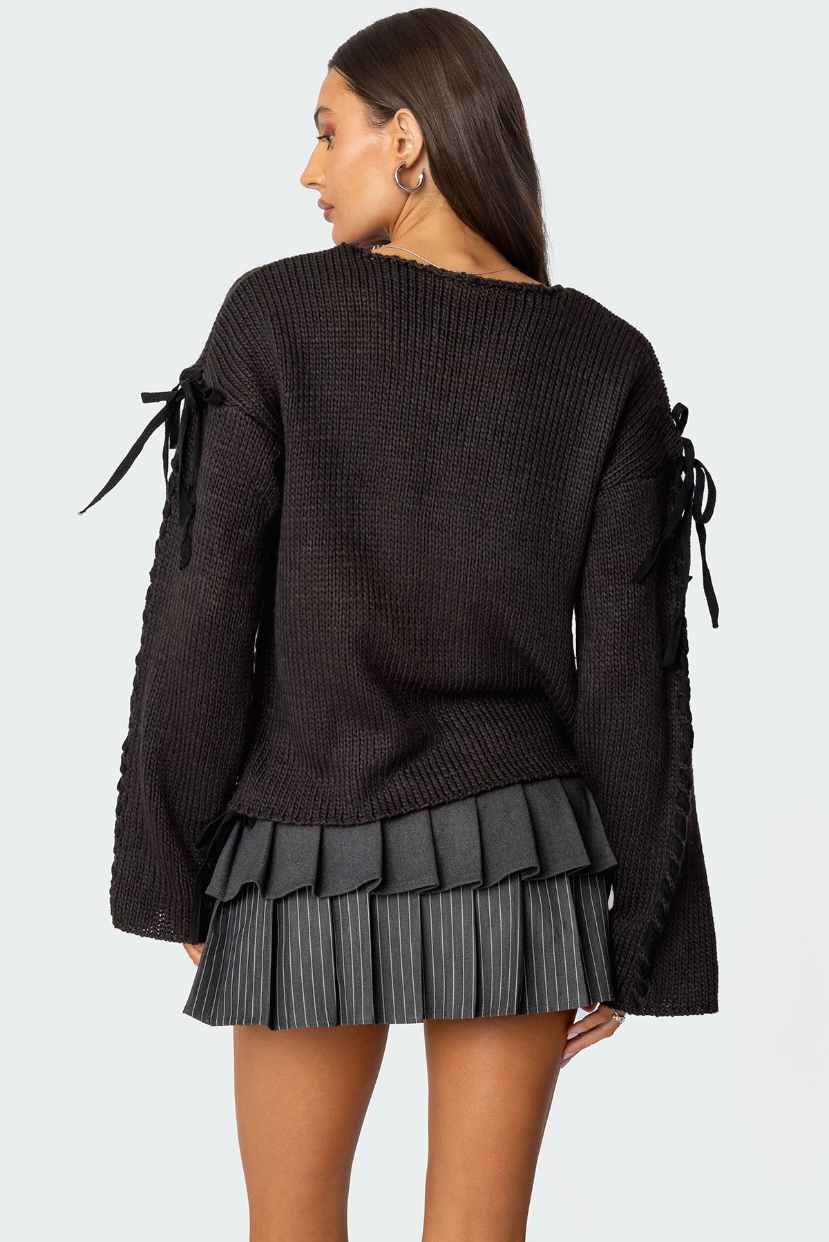 Amelia Lace Up Sleeve Sweater - DARK GRAY
