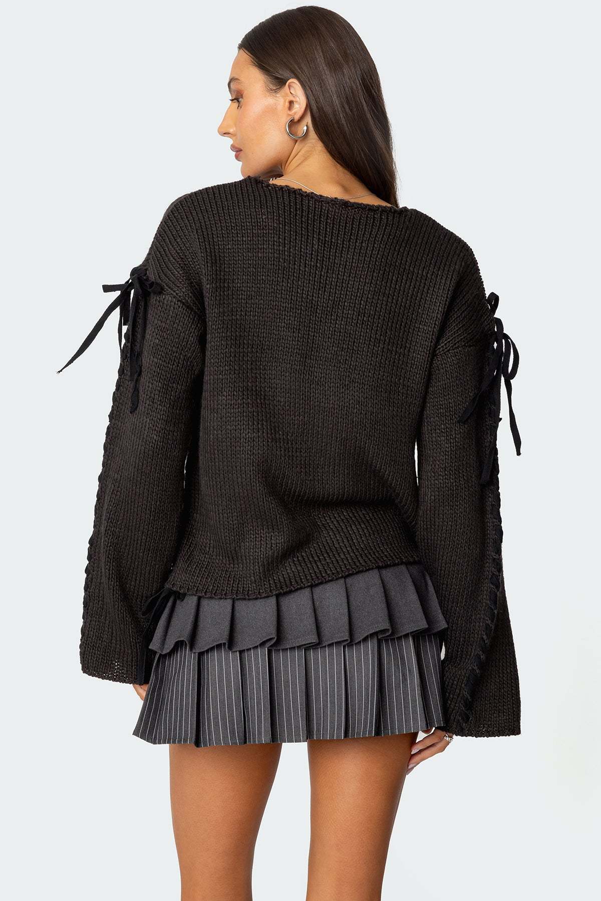 Amelia Lace Up Sleeve Sweater - DARK GRAY