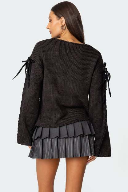 Amelia Lace Up Sleeve Sweater - DARK GRAY